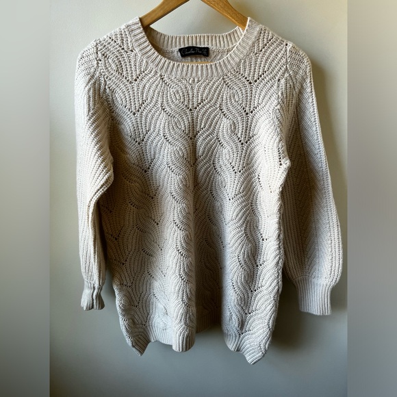 CLAUDIA NICHOLE Cable Knit Pointelle Cashmere Cotton Sweater Soft Feminine‎ M - Picture 1 of 6